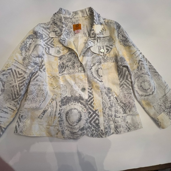 RUBY ROAD LIGHTWEIGHT JACKET. SIZE 8 PETITE. GRAYS/YELLOW/WHITE
RAYON/LINEN - Picture 1 of 8